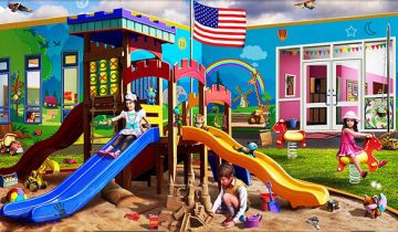 kindergartners playing on indoor playground equipment