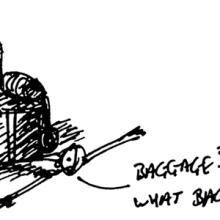 sketch of man stuck under baggage saying "baggage? What baggage?"